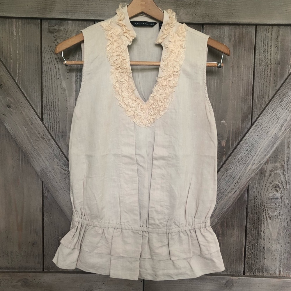 Linen blend ruffle collar elastic waist sleeveless top Sz S
